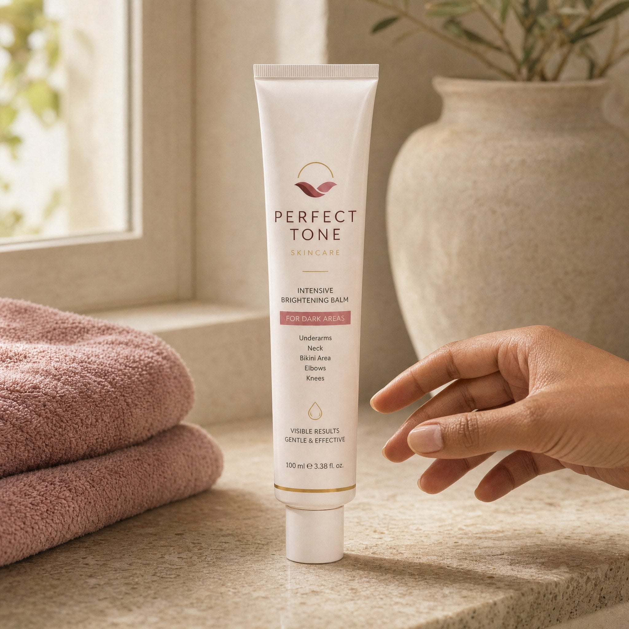 Perfect Tone balm tube on bathroom shelf with towel