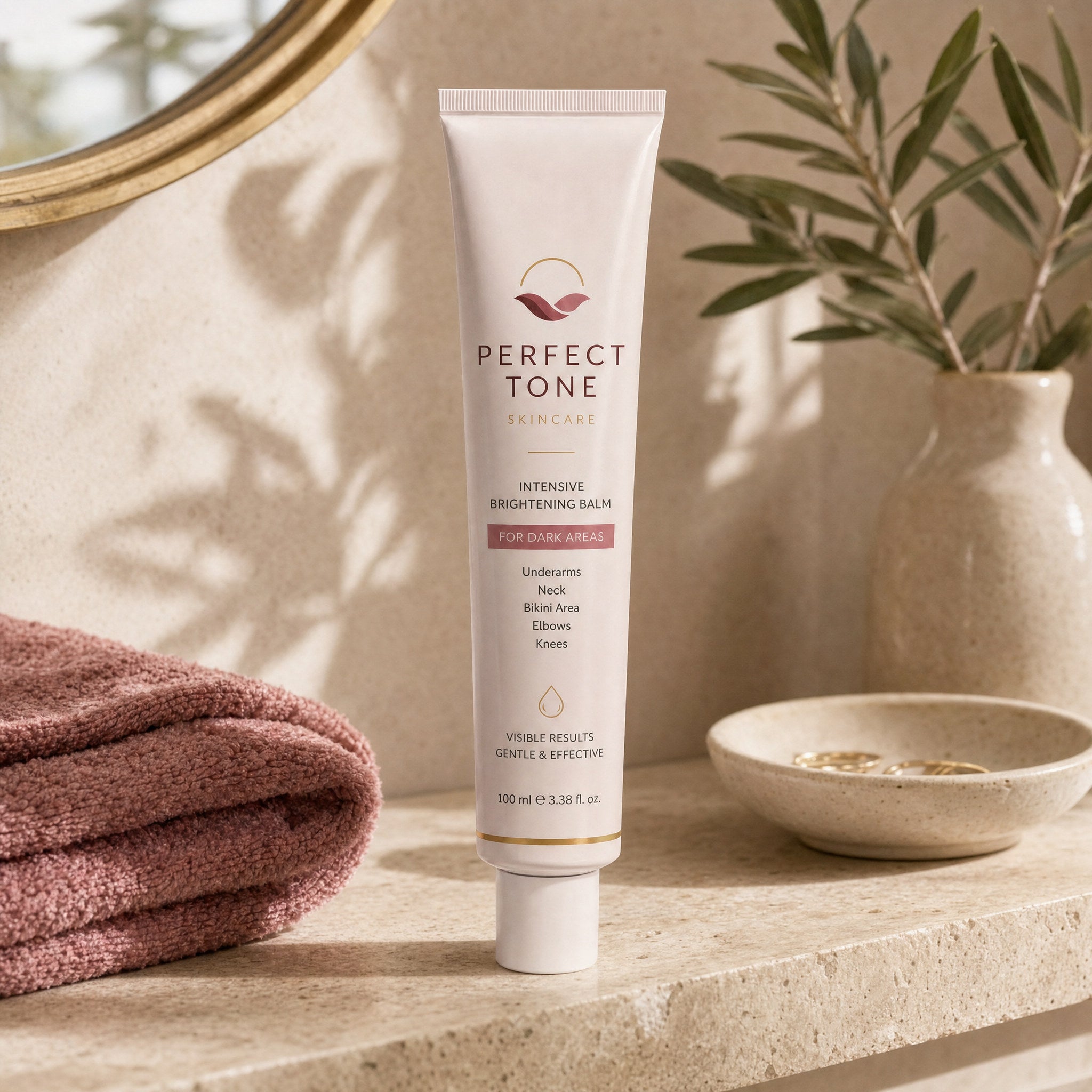 Perfect Tone balm tube on bathroom shelf